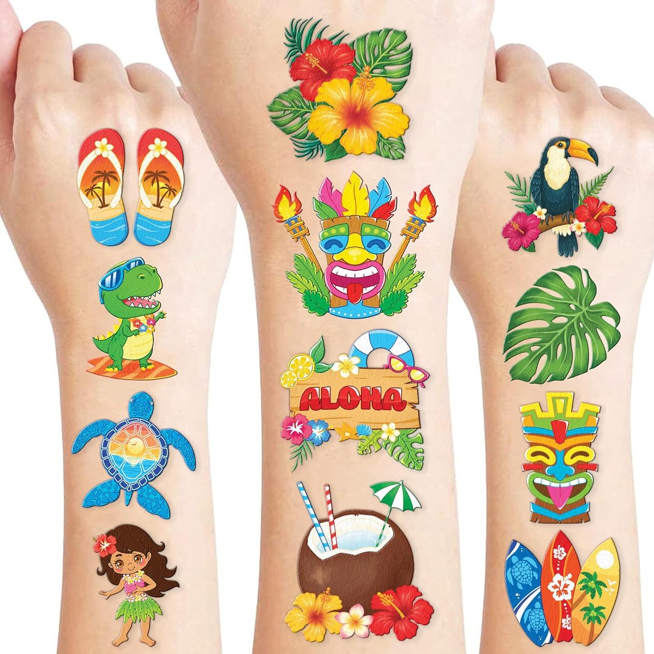 96 PCS Hawaiian Luau Pre-Cut Temporary Tattoos for Kids Party Supplies